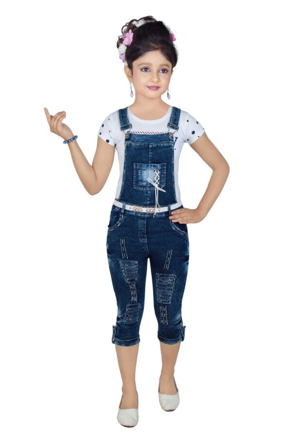 Kids Girls Cotton T-Shirt And Denim Dungaree Capri Clothing Set