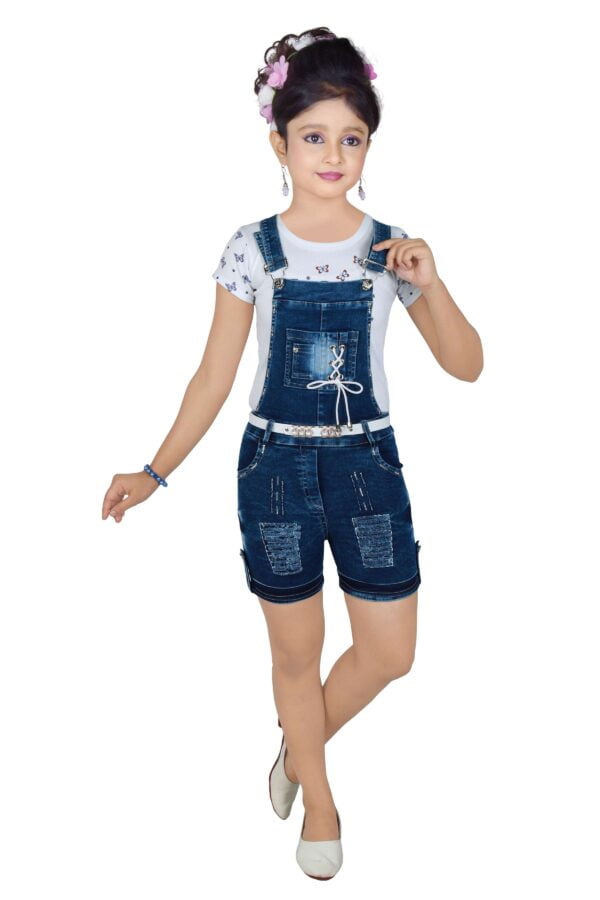 Kids Girls Cotton T-Shirt And Denim Shorts Dungaree Combo Set
