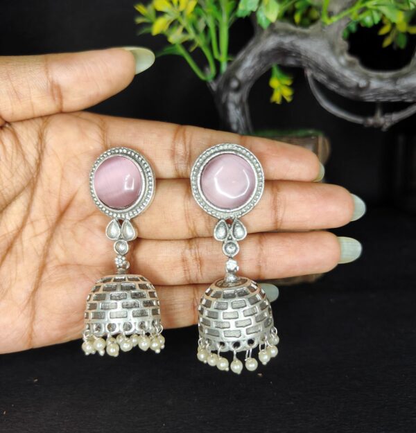 Silver Oxidised Pink Stone Jhumka Earring For Women